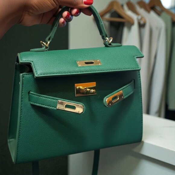 LUXE 4 LESS: Green Top-Handle Crossbody Bag (Vegan Leather) Kelly Style firkin - Picture 2 of 4